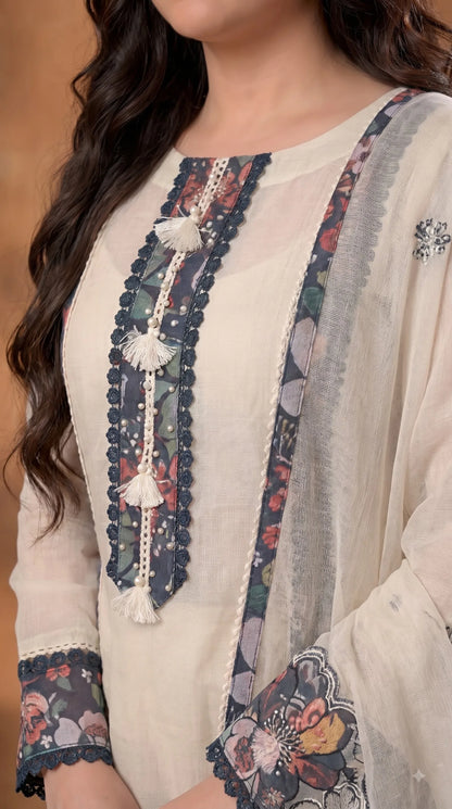 Premium Designer Off-White Soft Cotton Suit with Floral Detailing & Pearl Accents