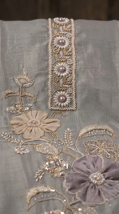 Premium Designer Silver Shade Designer Suit in Soft Tissue Fabric with Royal Hand Work