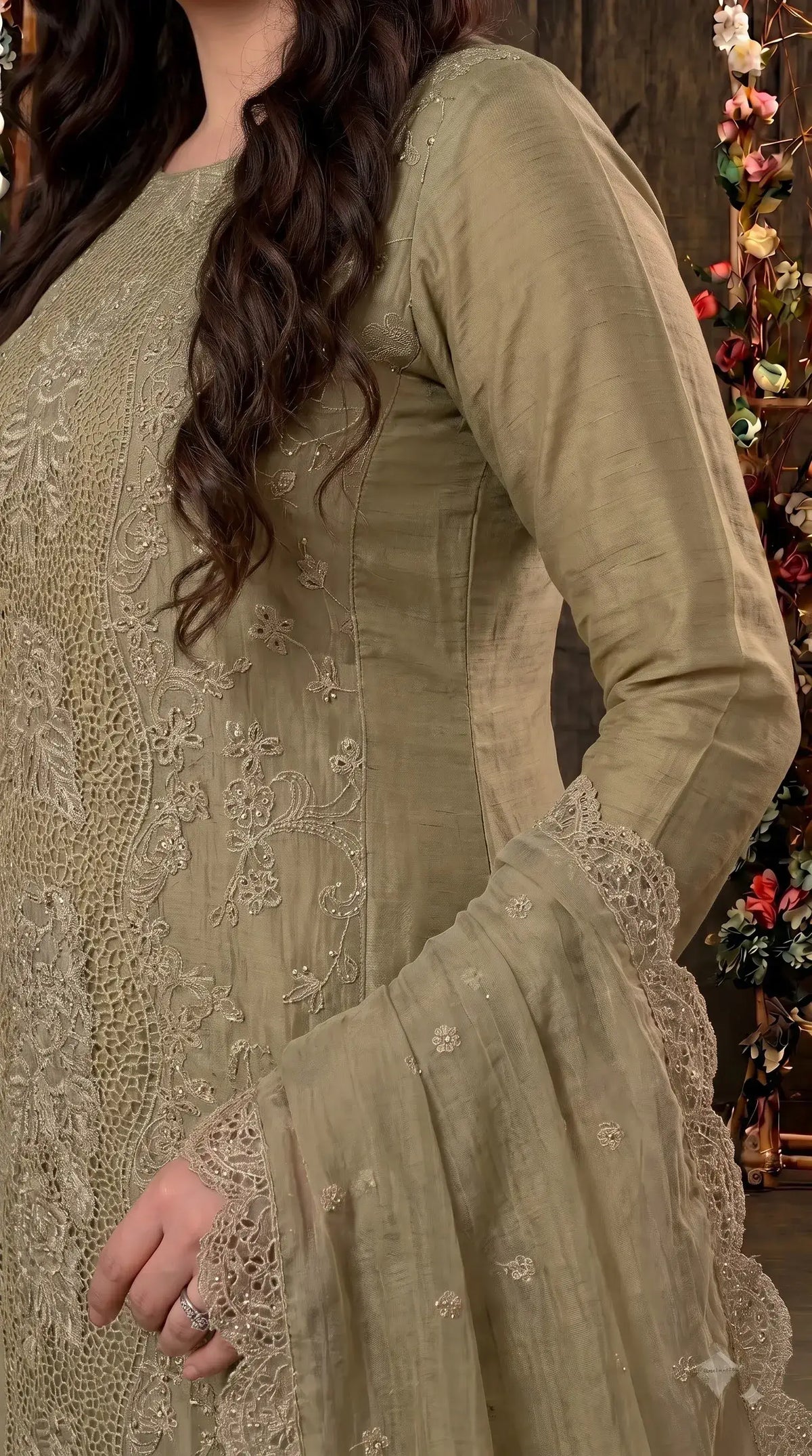 Premium Designer Soft Crush Pearl Work Suit – Soft Olive
