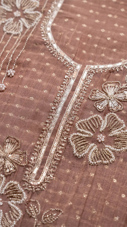 Premium Designer Blush Taupe Soft Tissue Suit with Pearl Floral Work