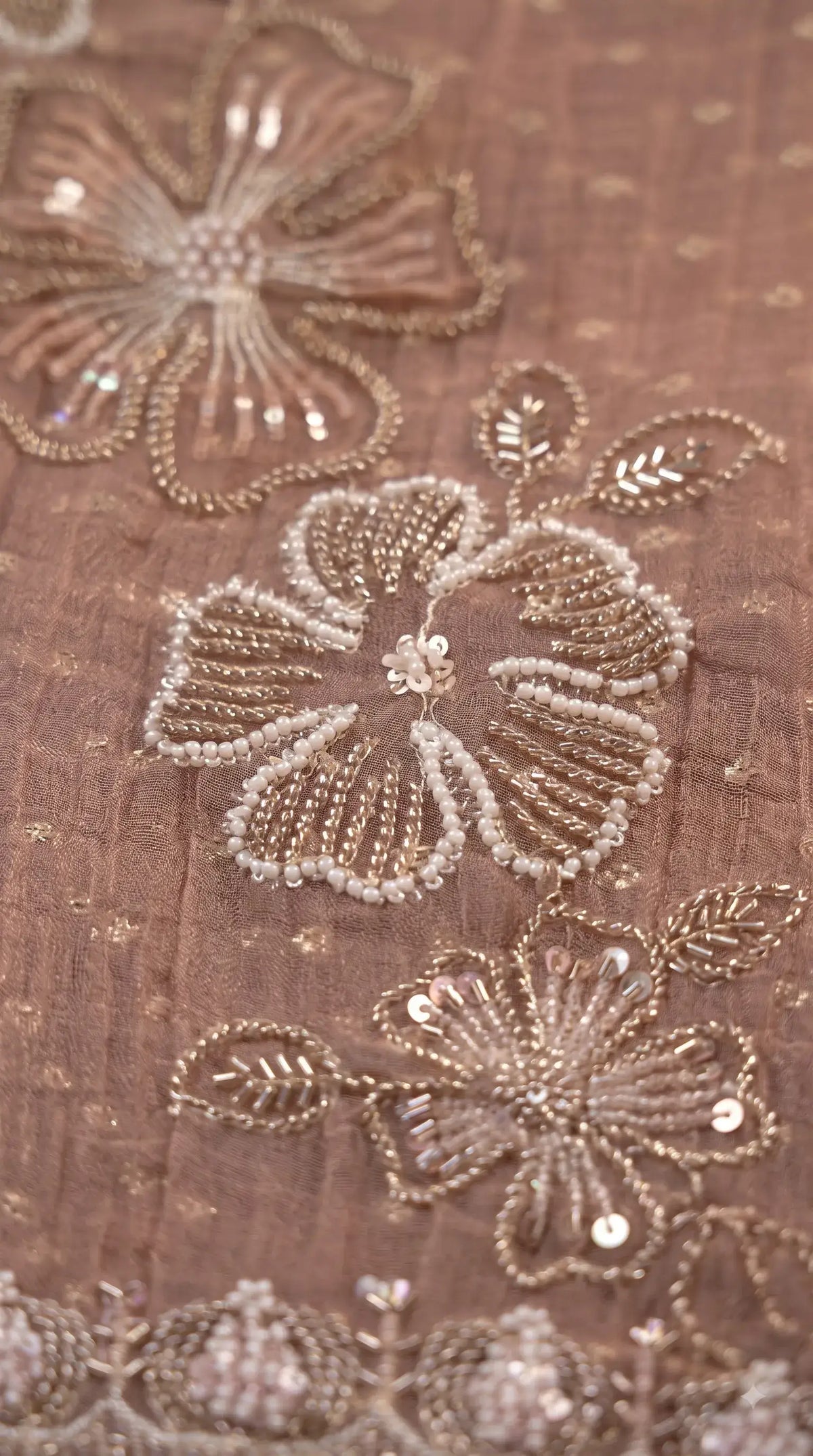 Premium Designer Blush Taupe Soft Tissue Suit with Pearl Floral Work