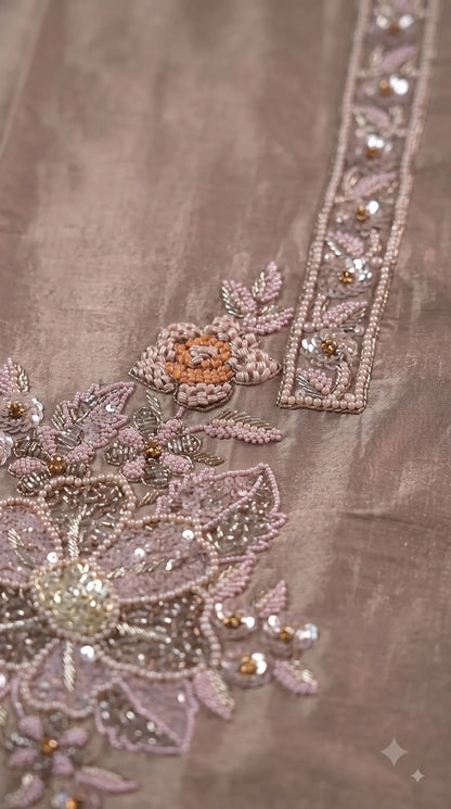 Premium Designer Mocha Taupe Organza Suit with 3D Floral Bead & Sequin Work