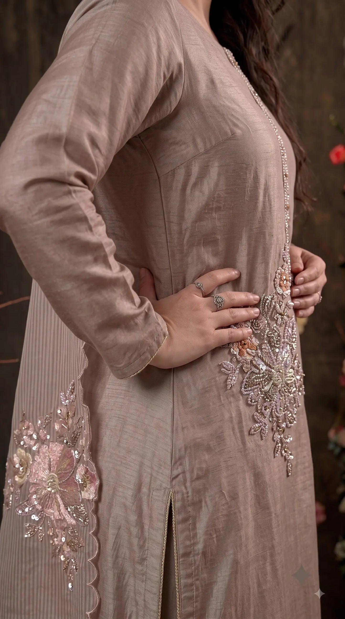 Premium Designer Mocha Taupe Organza Suit with 3D Floral Bead & Sequin Work