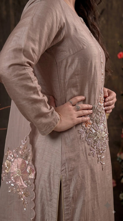 Premium Designer Mocha Taupe Organza Suit with 3D Floral Bead & Sequin Work