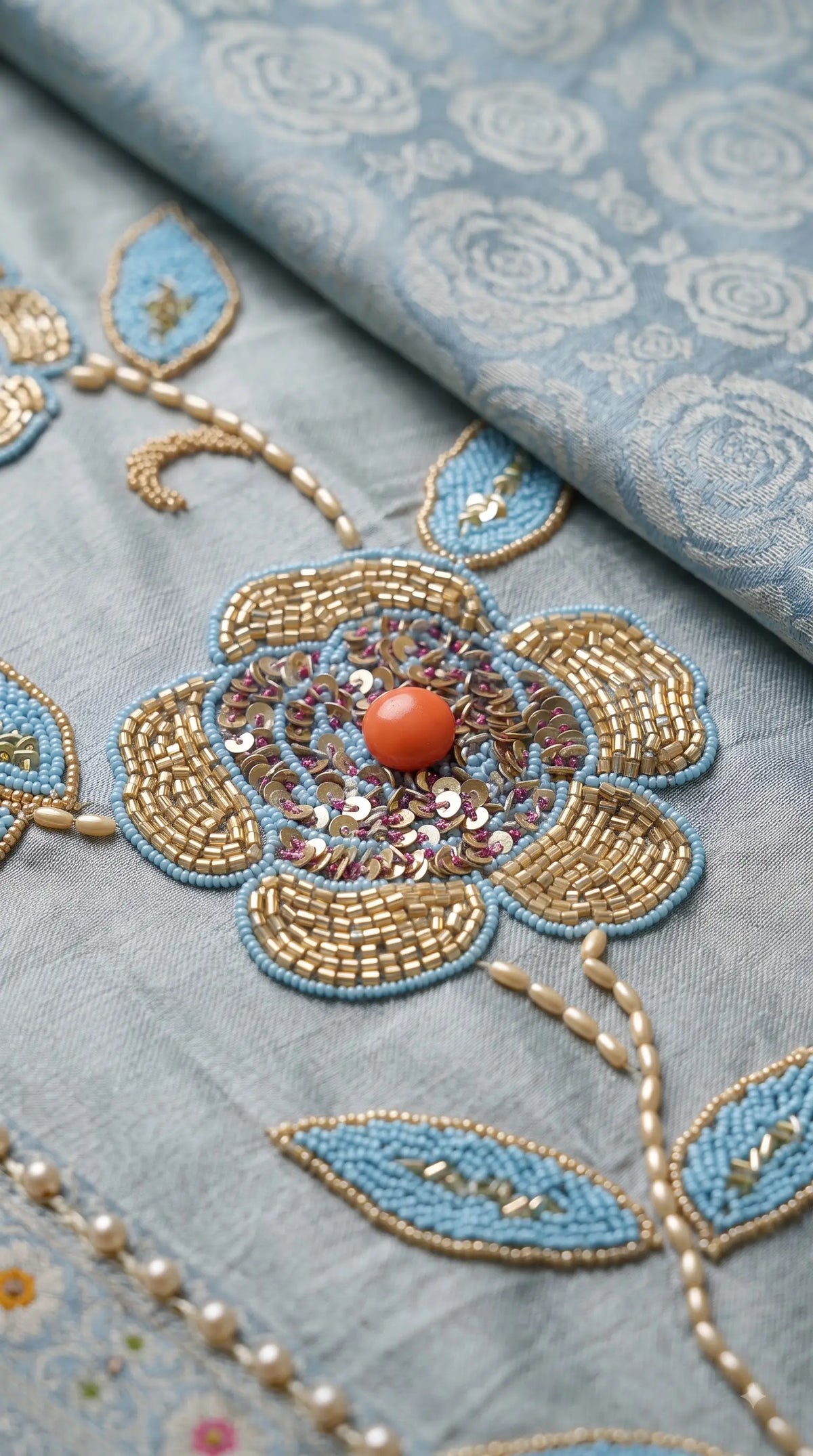 Premium Designer Sky Blue Banarsi Suit with Floral Bead & Sequin Work