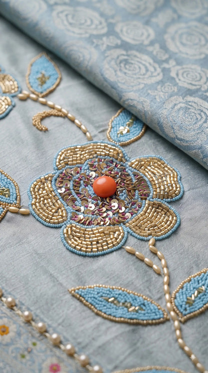 Premium Designer Sky Blue Banarsi Suit with Floral Bead & Sequin Work
