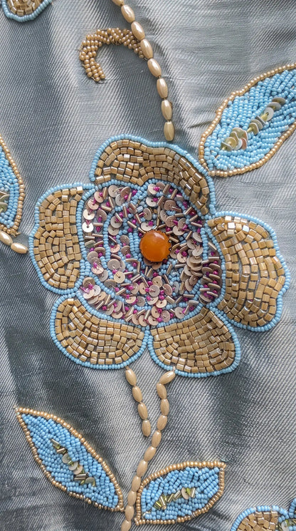 Premium Designer Sky Blue Banarsi Suit with Floral Bead & Sequin Work