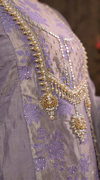 Premium Designer Smoky Mauve Kunbi Textured Suit with Pearl & Floral Embellishment