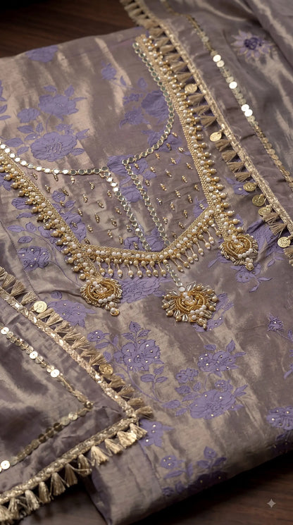 Premium Designer Smoky Mauve Kunbi Textured Suit with Pearl & Floral Embellishment