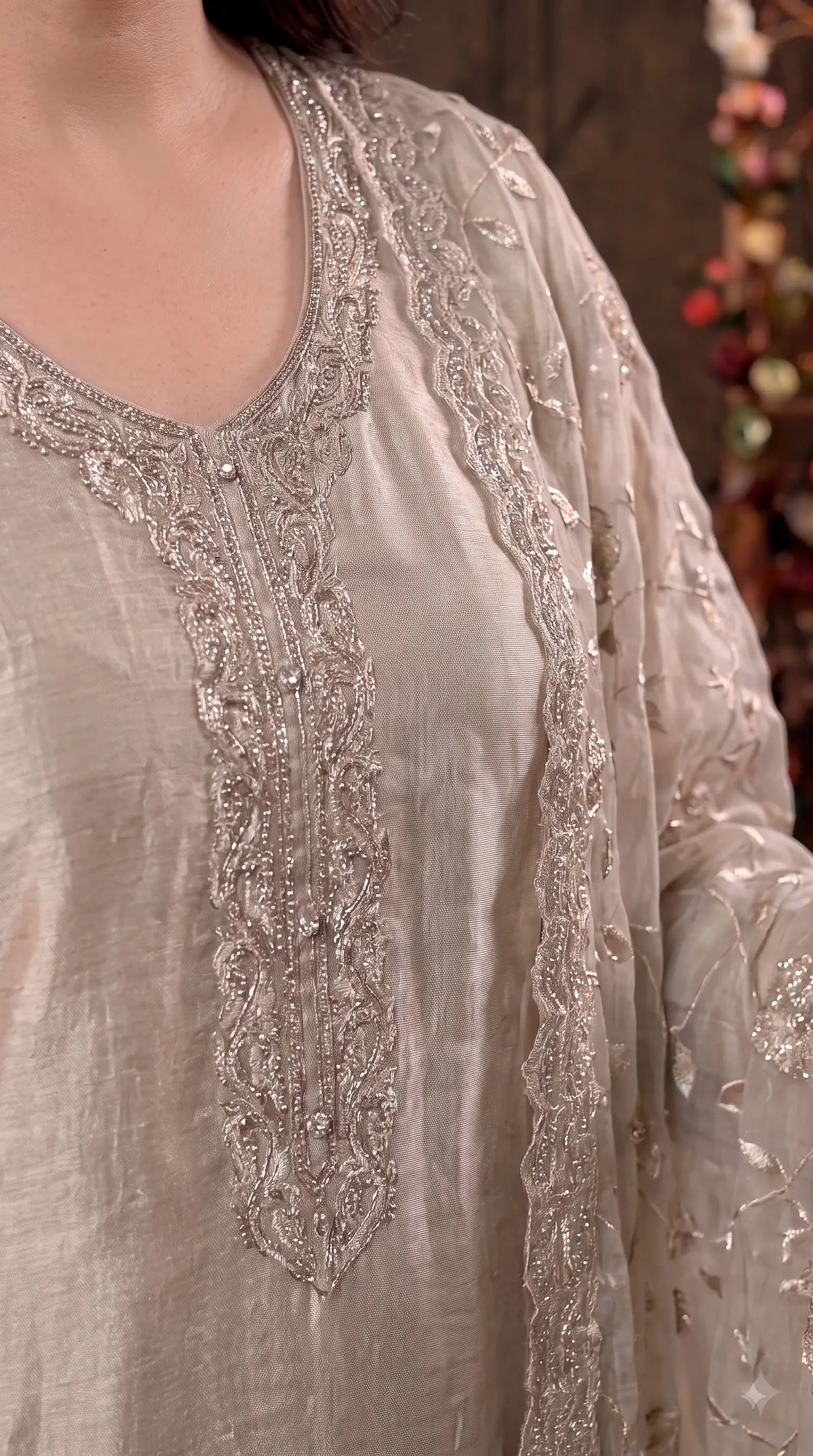 Premium Designer Ivory Taneria Suit with Silver Floral Embroidery & Embroidered Dupatta