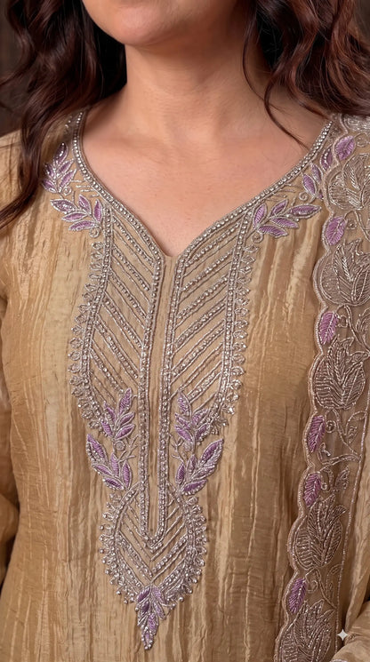 Premium Designer Champagne Gold Suit with Pearl, Cutdana & Zari Work