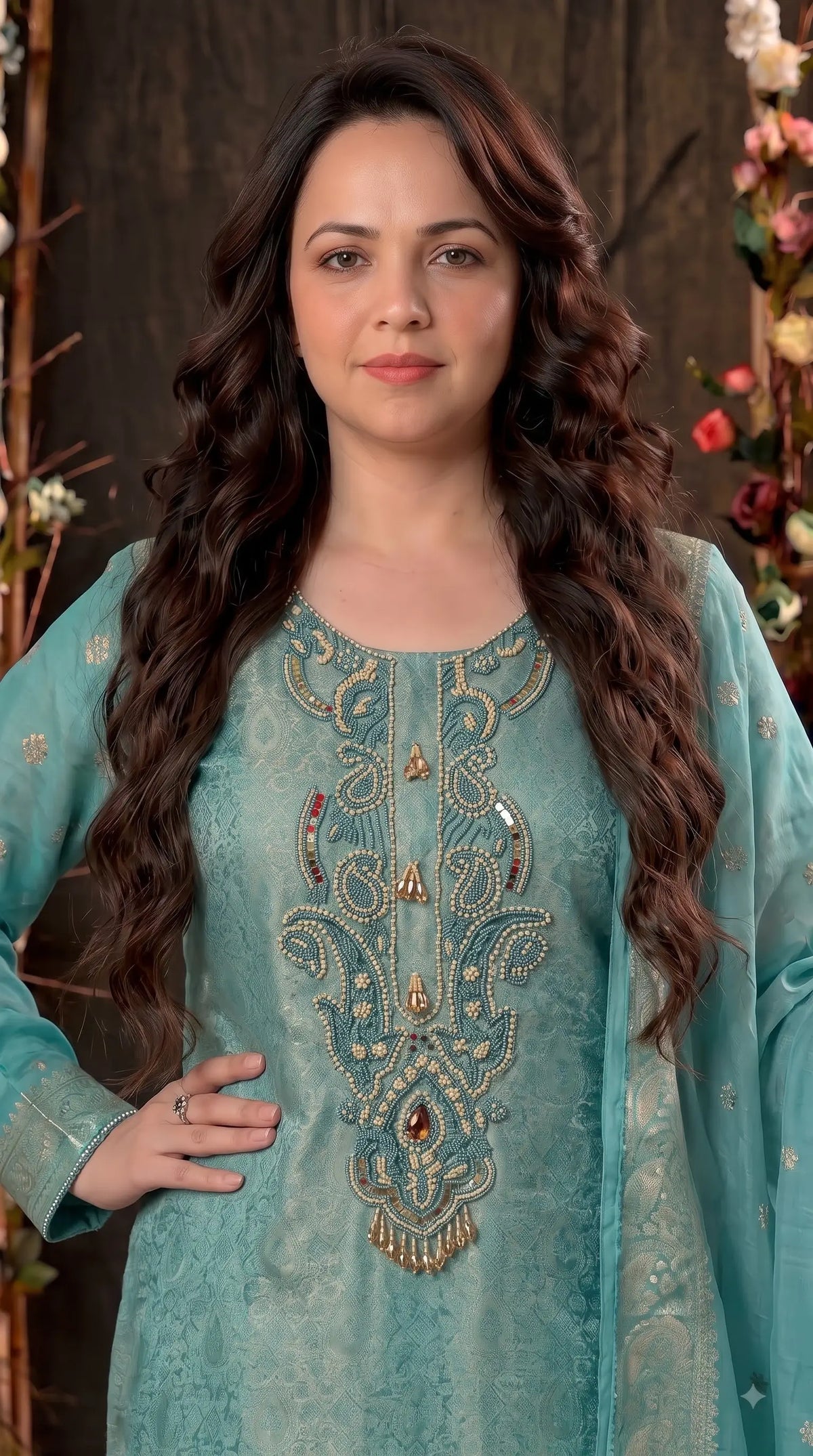 Premium Designer Aqua Turquoise Tulfi Texture Suit with Bead & Paisley