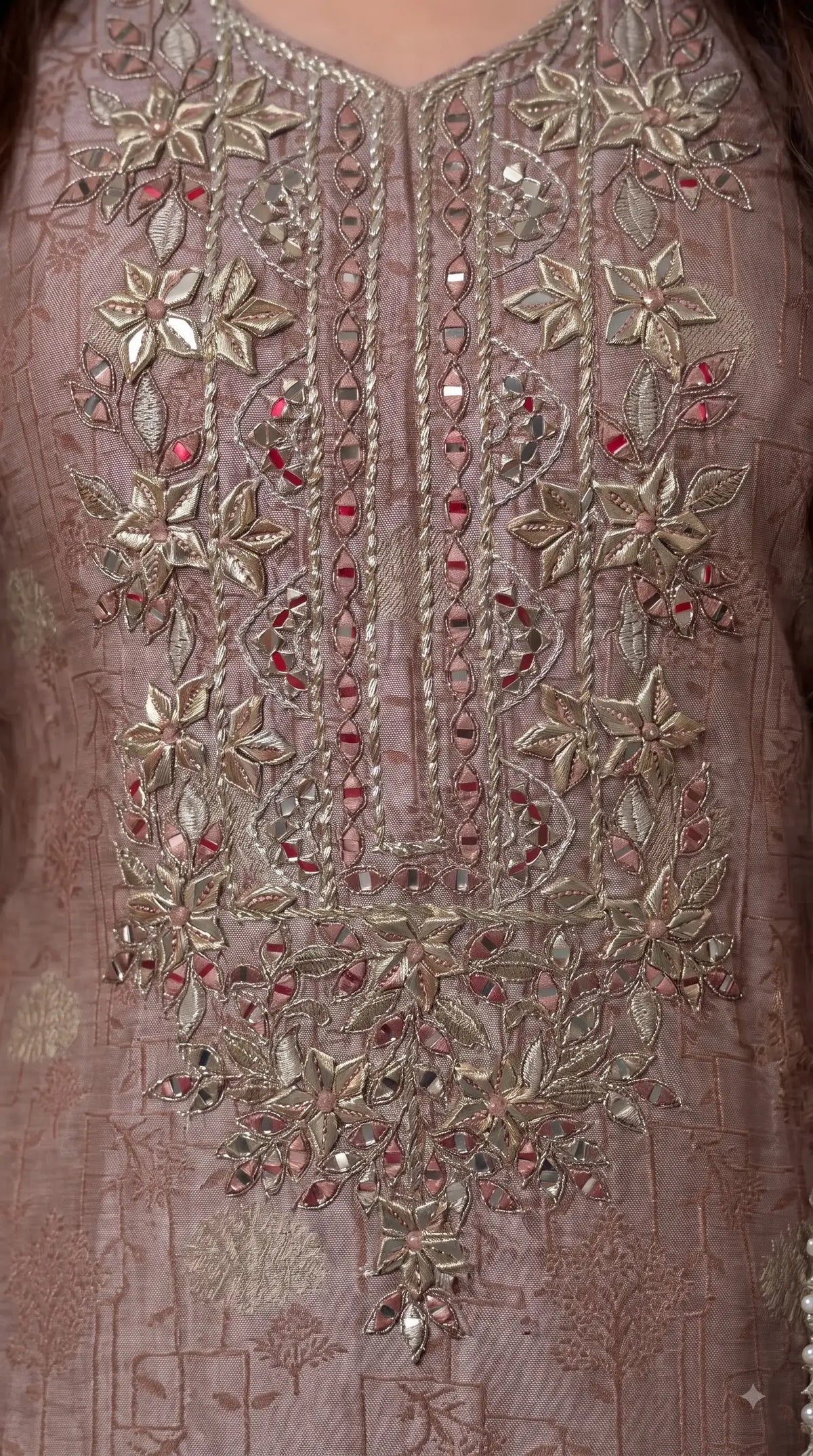 Premium Designer Dusty Rose Taupe Banarsi Suit with Mirror & Pearl Work