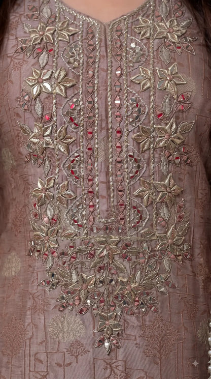 Premium Designer Dusty Rose Taupe Banarsi Suit with Mirror & Pearl Work
