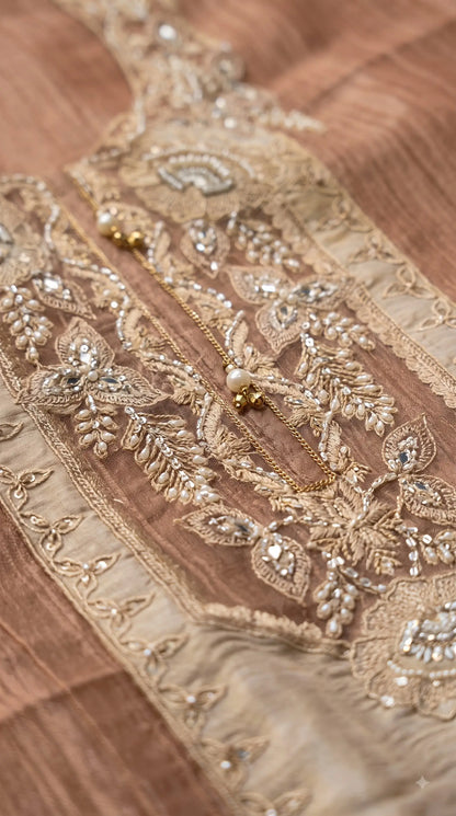 Premium Designer Caramel Bronze Soft Crush Suit with Pearl, Sequin & Intricate Embroidery Work