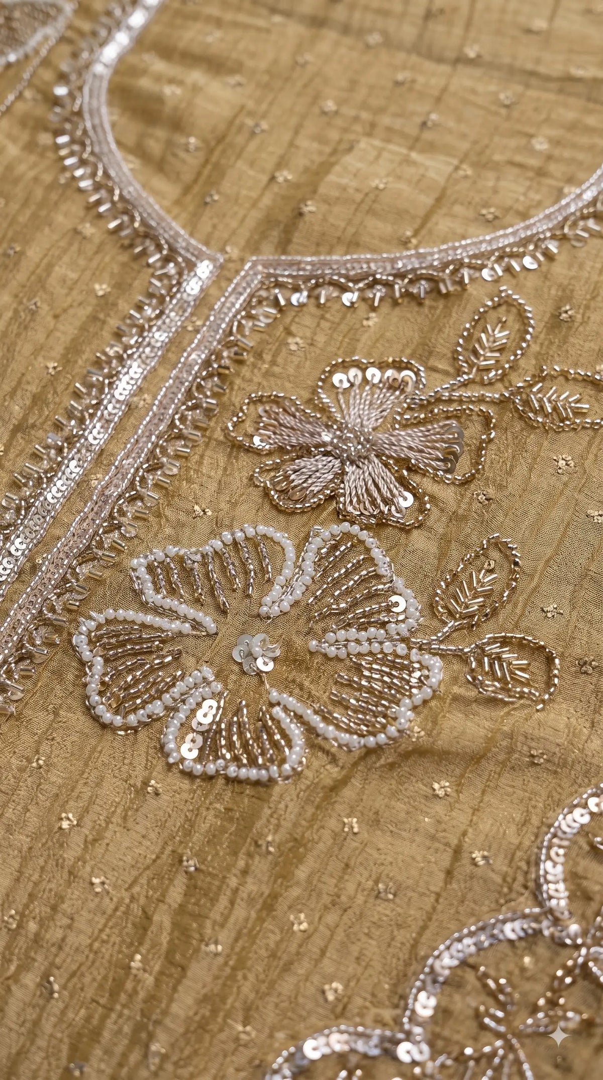 Premium Designer Antique Gold Soft Tissue Suit with Floral Pearl, Sequin & Bead Work