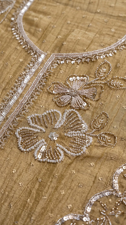 Premium Designer Antique Gold Soft Tissue Suit with Floral Pearl, Sequin & Bead Work