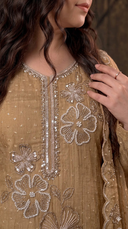 Premium Designer Antique Gold Soft Tissue Suit with Floral Pearl, Sequin & Bead Work