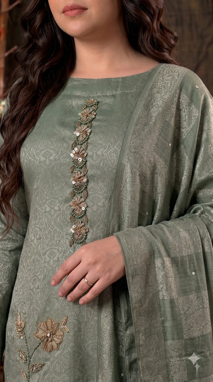 Premium Designer Sage Green Banarsi Suit with Floral Paisley Bead & Sequin Work