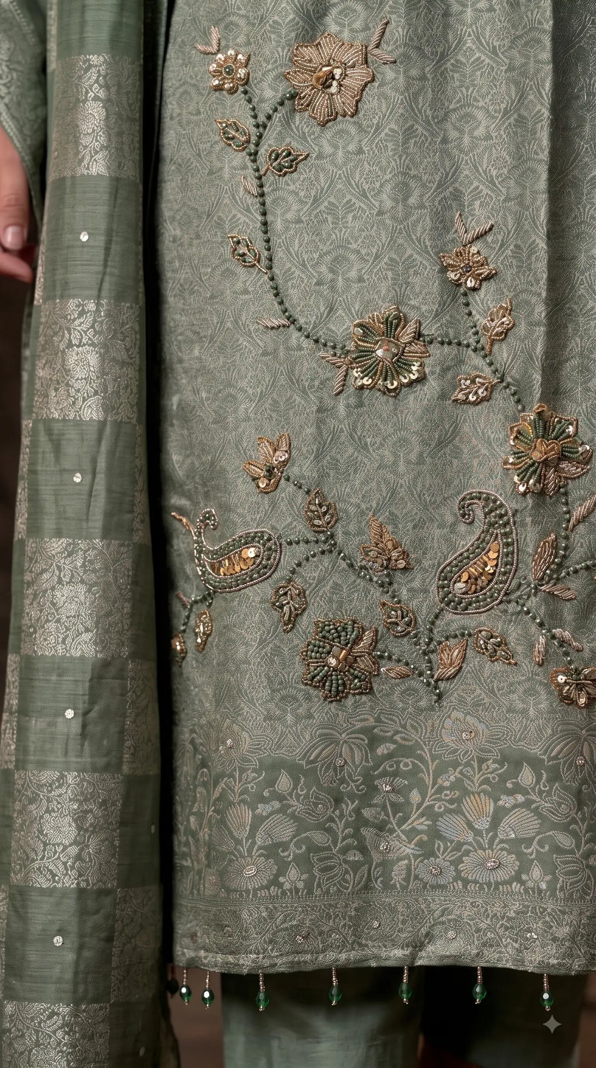 Premium Designer Sage Green Banarsi Suit with Floral Paisley Bead & Sequin Work