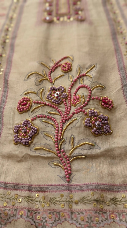 Premium Designer Beige-Gold Very Soft Tissue Suit with Pink Floral Pearl, Bead & Sequin Work