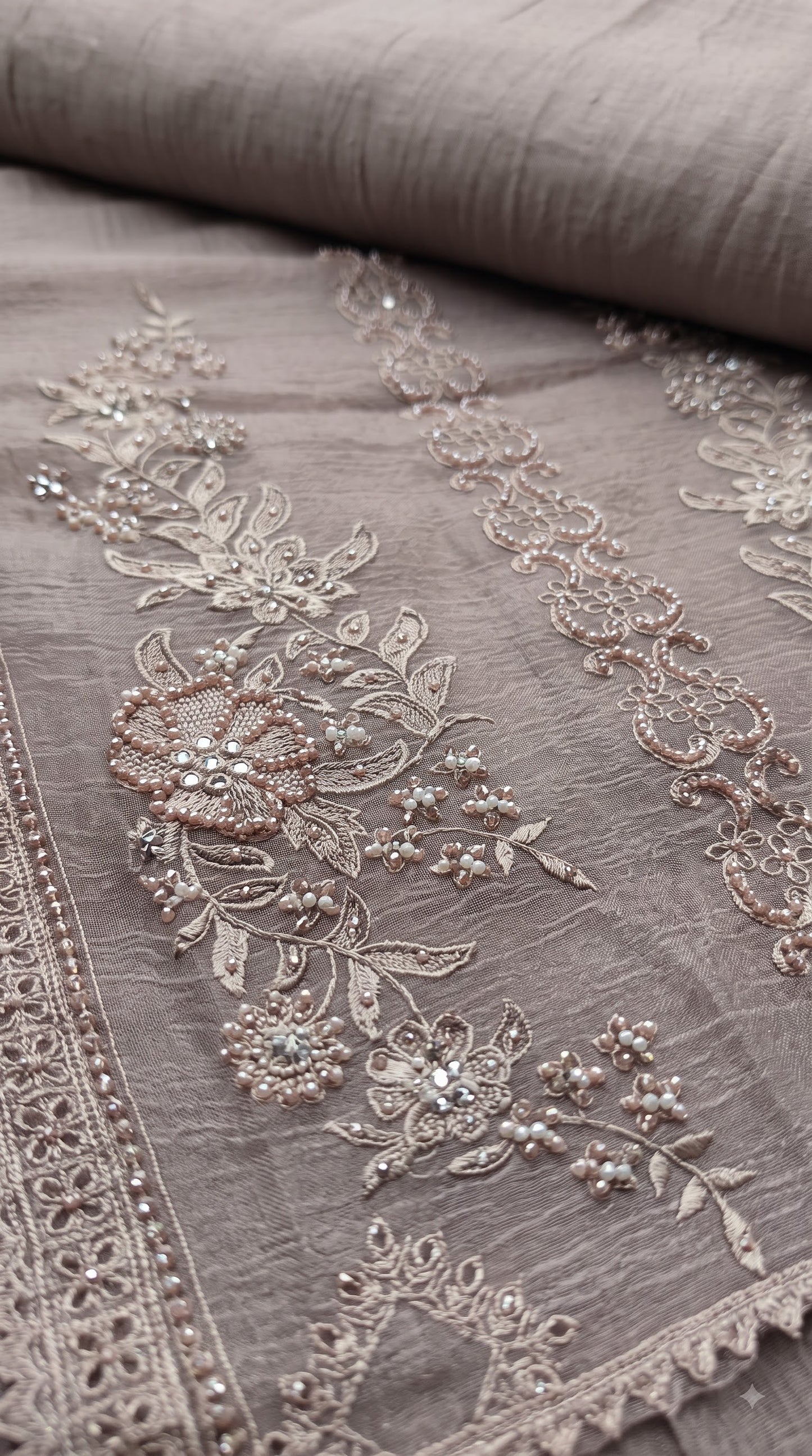 Premium Designer Taupe Grey Soft Crush Tissue Suit with Pearl, Sequin & Floral Embroidery Work