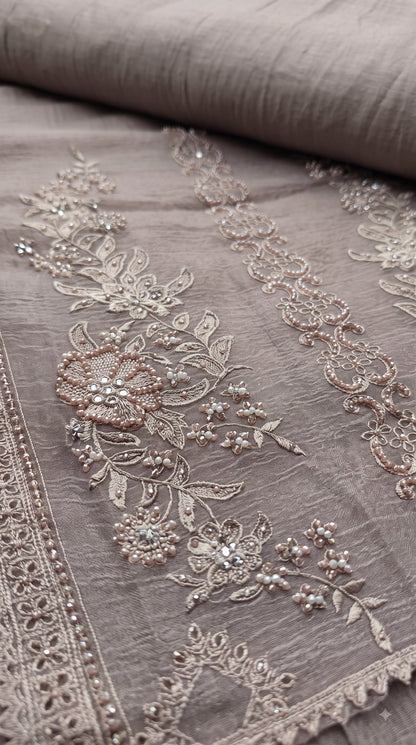 Premium Designer Taupe Grey Soft Crush Tissue Suit with Pearl, Sequin & Floral Embroidery Work