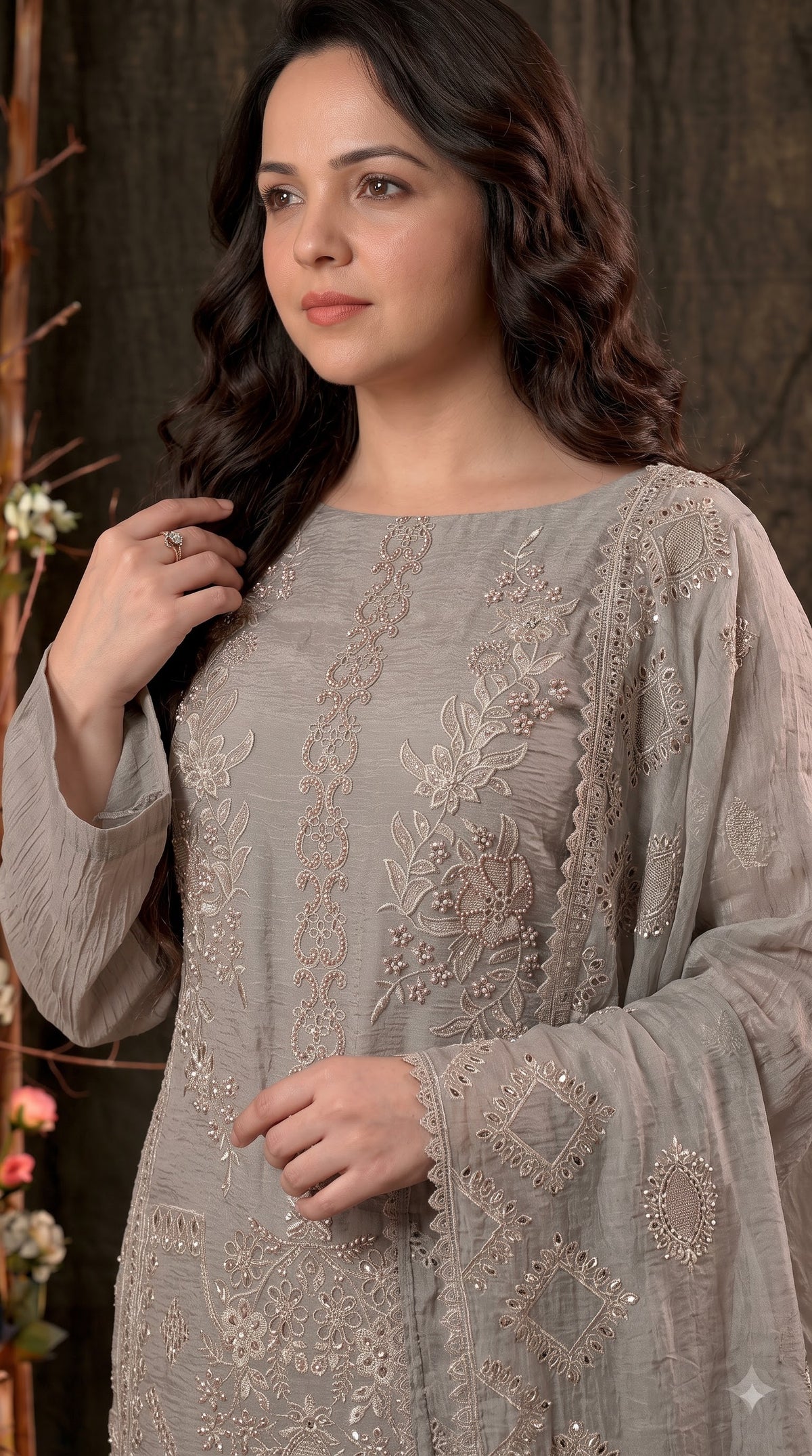 Premium Designer Taupe Grey Soft Crush Tissue Suit with Pearl, Sequin & Floral Embroidery Work