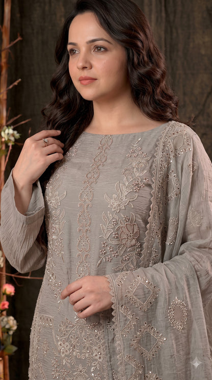 Premium Designer Taupe Grey Soft Crush Tissue Suit with Pearl, Sequin & Floral Embroidery Work