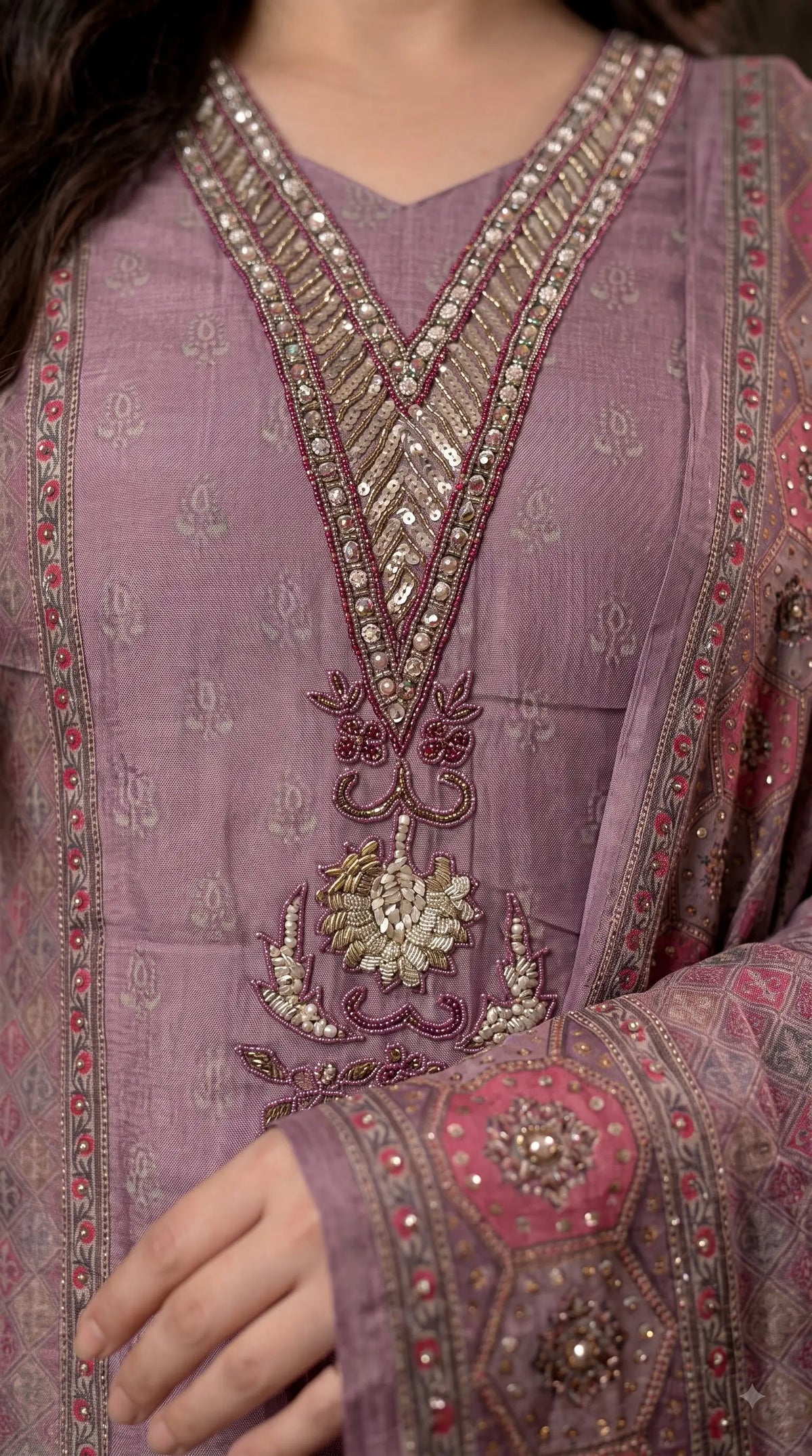 Premium Designer Dusty Purple Soft Tissue Suit with Pearl, Sequin & Stone Work