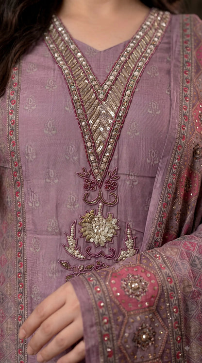 Premium Designer Dusty Purple Soft Tissue Suit with Pearl, Sequin & Stone Work
