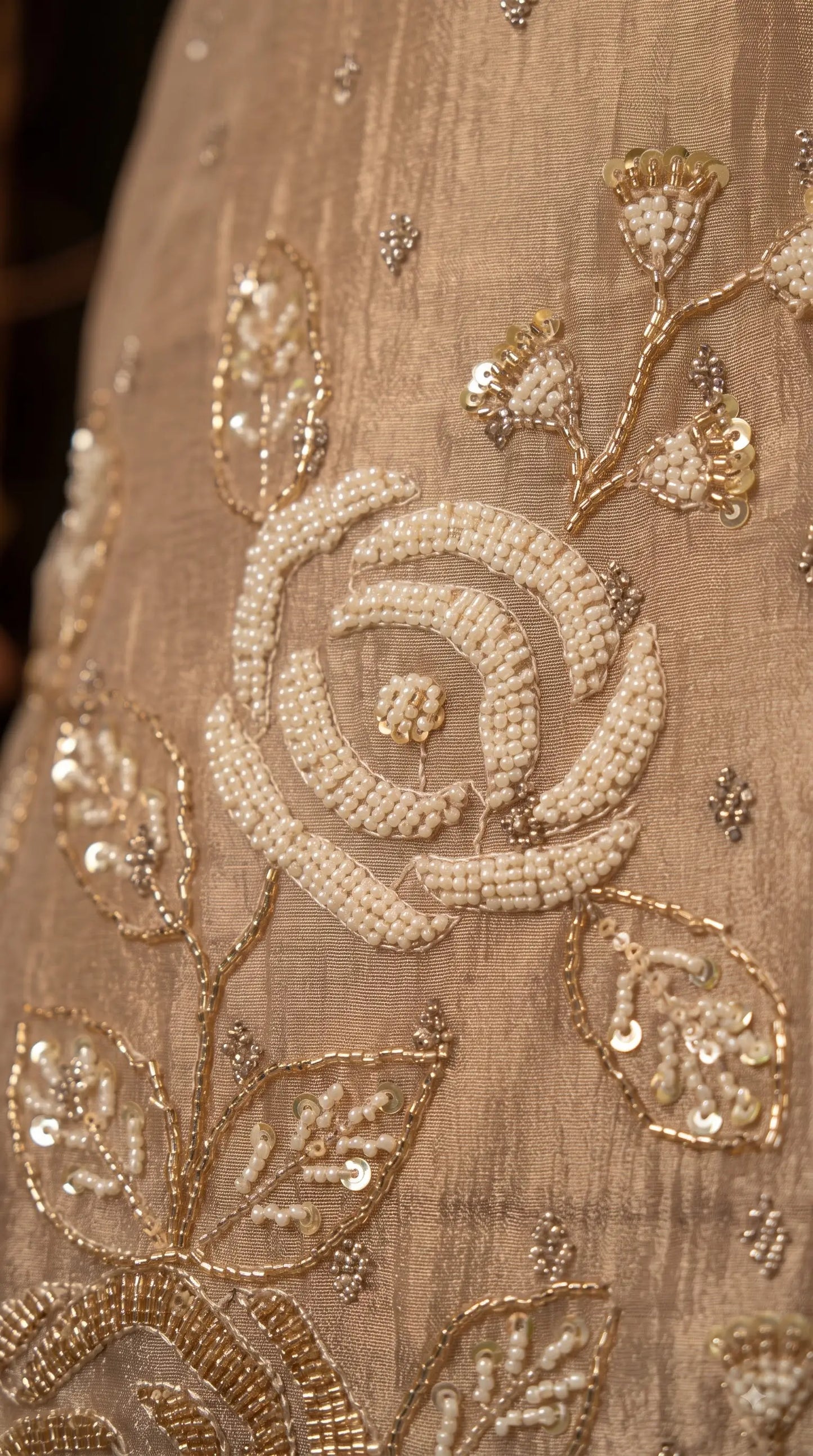 Premium Beige Soft Tissue Designer Suit with Pearl Work