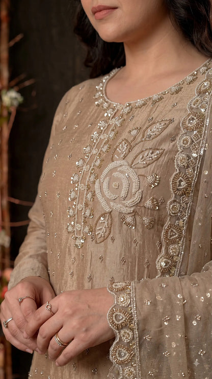 Premium Beige Soft Tissue Designer Suit with Pearl Work