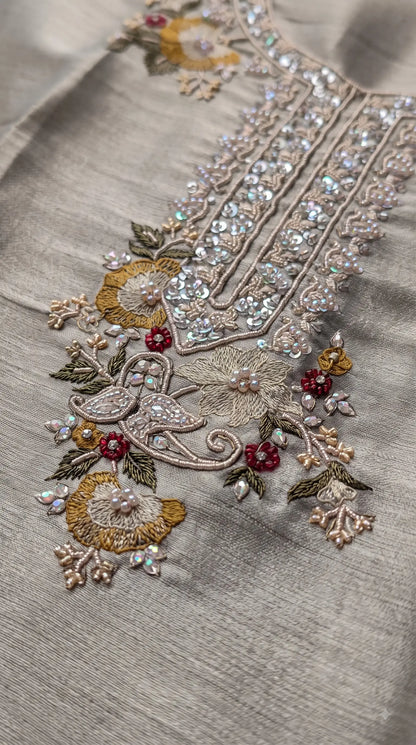 Premium Designer Silver Grey Giraffe Fabric Suit with Pearl, Sequin & Floral Embroidery Work