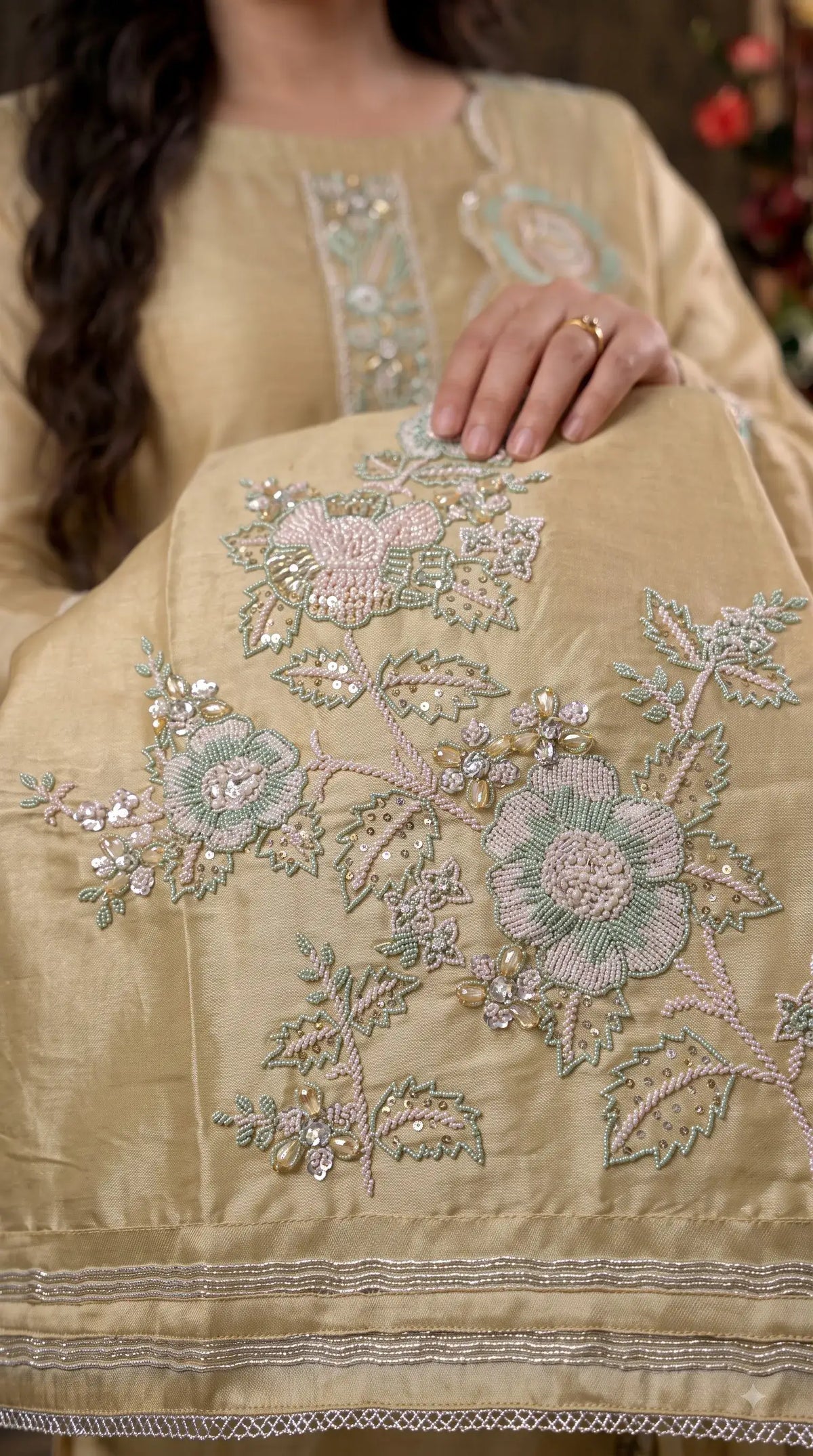 Premium Designer Yellow Luxury Tissue Suit with Pearl, Bead & Sequin Floral Work