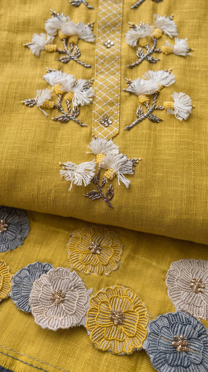 Premium Designer Mustard Yellow Soft Cotton Suit with Floral Bead & Sequin Work