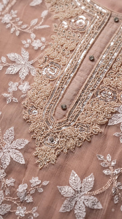 Premium Designer Blush Pink Soft Chiffon Suit with Elegant Applique Floral Work & Graceful Dupatta
