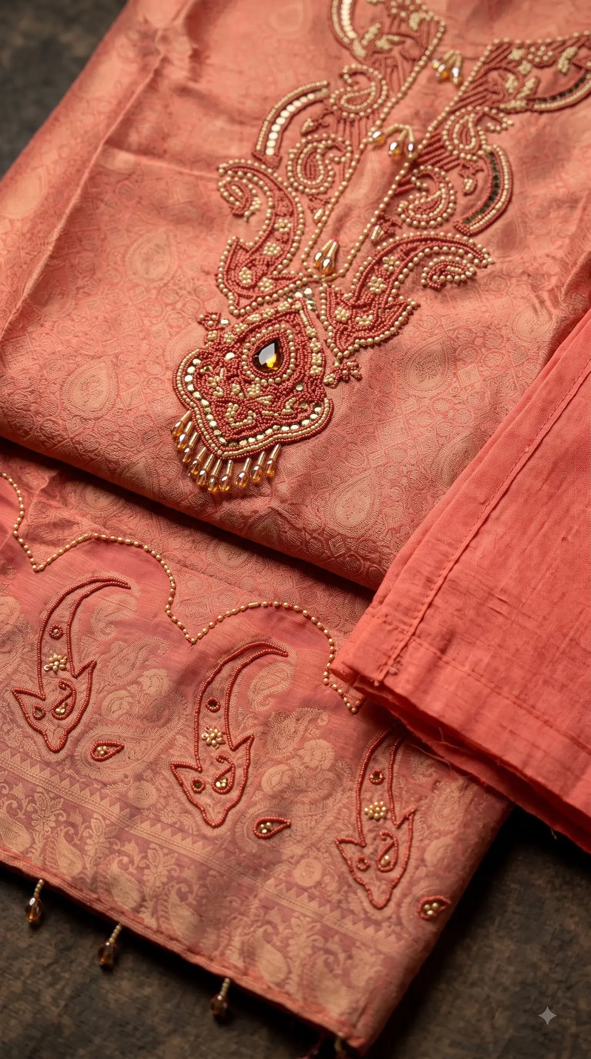 Premium Designer Coral Peach Soft Tissue Suit with Pearl, Bead & Stone