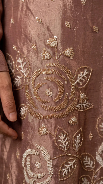 Premium Dusty Rose Taupe Soft Tissue Designer Suit with Pearl Work