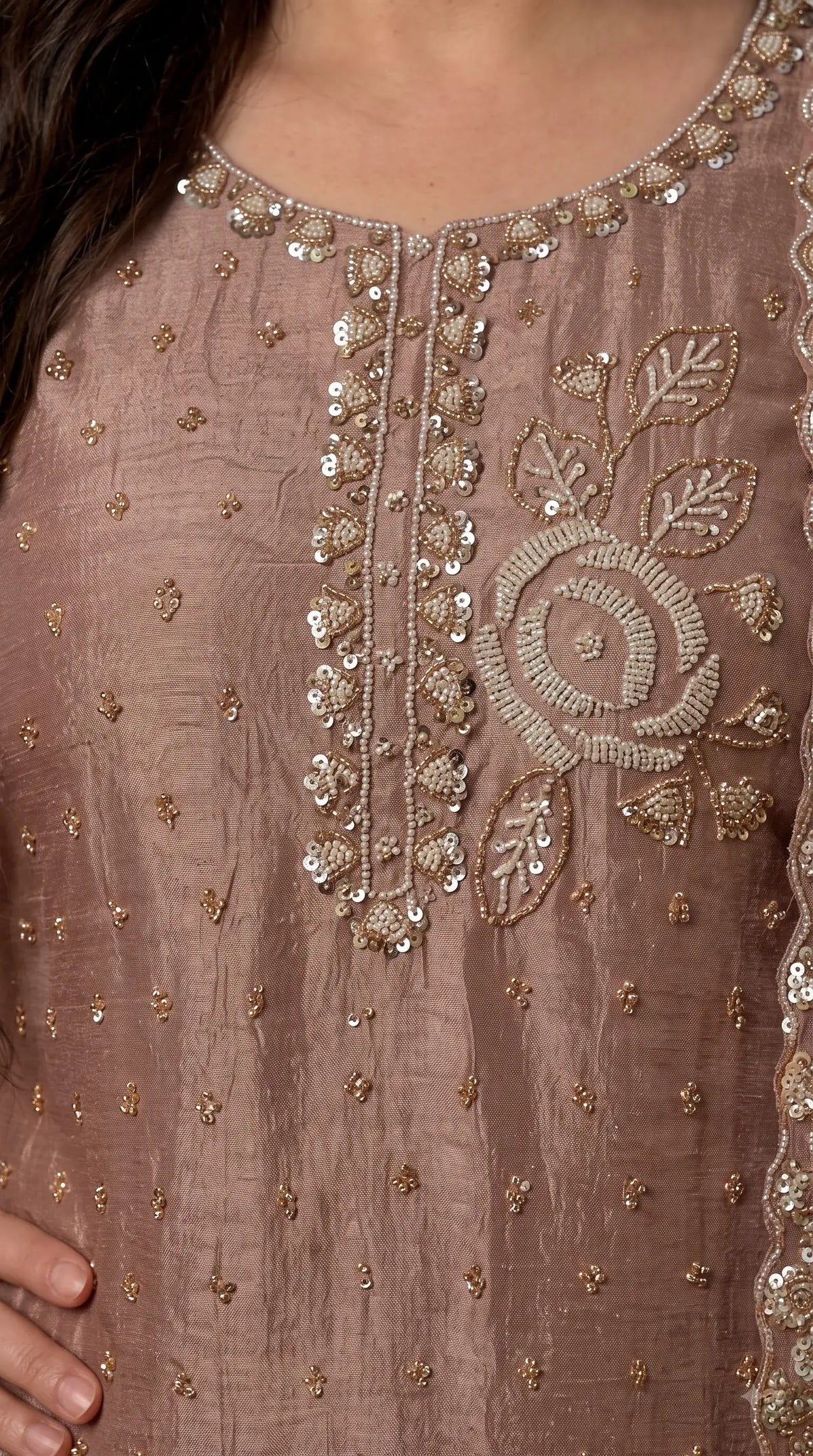 Premium Dusty Rose Taupe Soft Tissue Designer Suit with Pearl Work