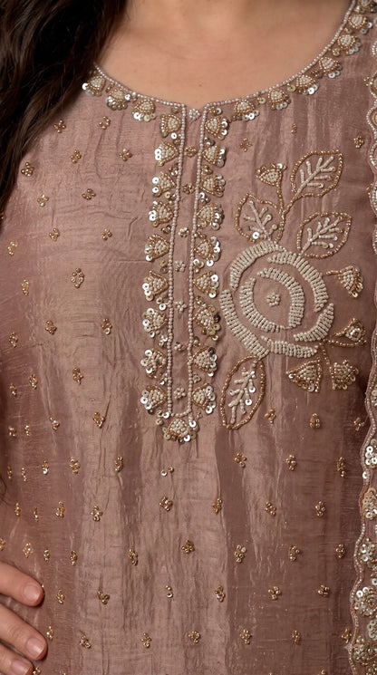 Premium Dusty Rose Taupe Soft Tissue Designer Suit with Pearl Work