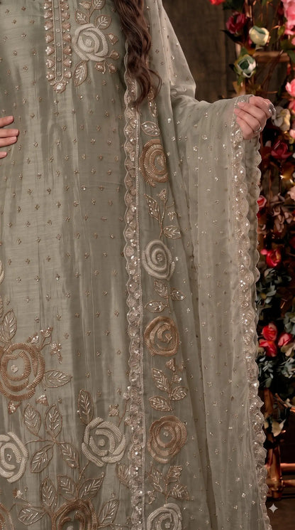 Premium Dusty Sage Green Soft Tissue Designer Suit with Pearl Work