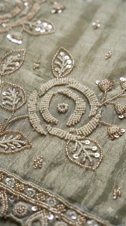 Premium Dusty Sage Green Soft Tissue Designer Suit with Pearl Work