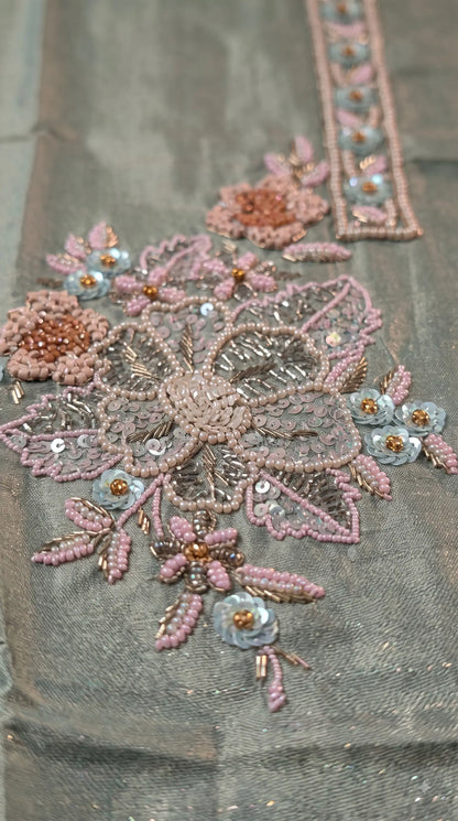 Premium Designer Sage Green Organza Suit with Pastel Floral Hand Embroidery, Sequin & Bead Work