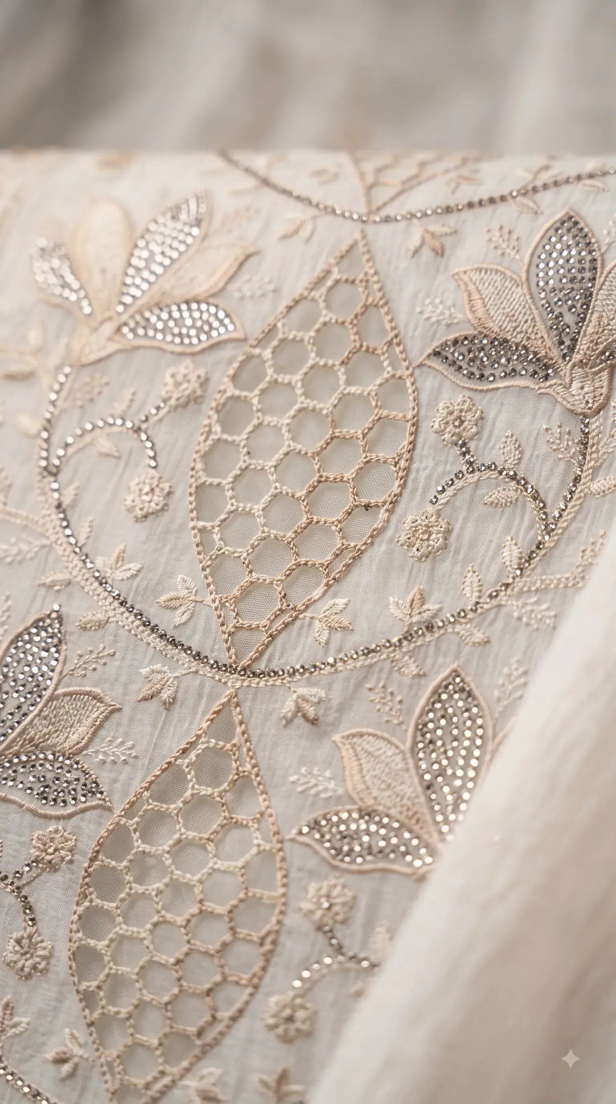 Premium Designer White Marble Chiffon Suit with Intricate Cutwork, Crystal & Floral Embroidery