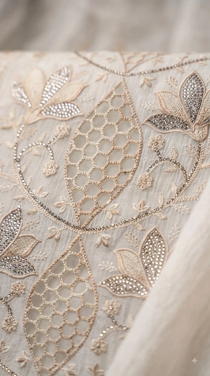 Premium Designer White Marble Chiffon Suit with Intricate Cutwork, Crystal & Floral Embroidery