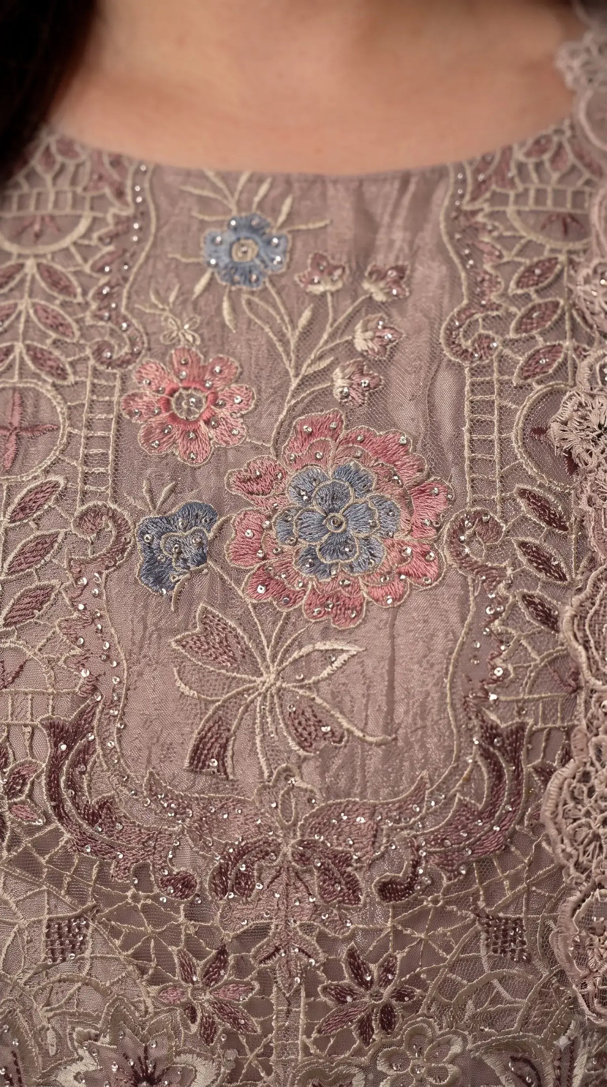 Premium Designer Dusty Rose Taupe Shimmer Silk Suit with Cutwork Floral Embroidery