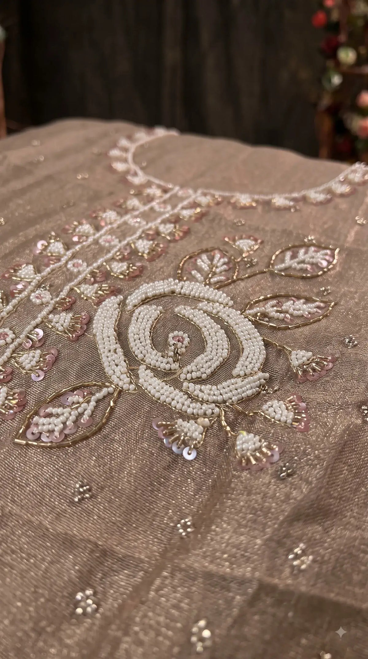 Premium Designer Beige Soft Tissue Suit with Pearl, Bead & Sequin Floral Work