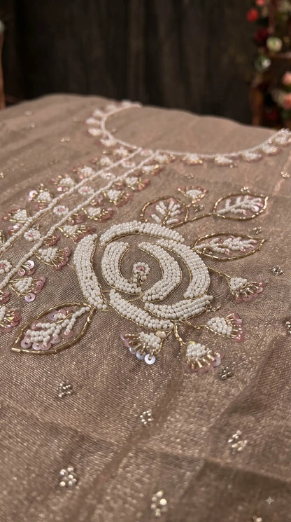 Premium Designer Beige Soft Tissue Suit with Pearl, Bead & Sequin Floral Work