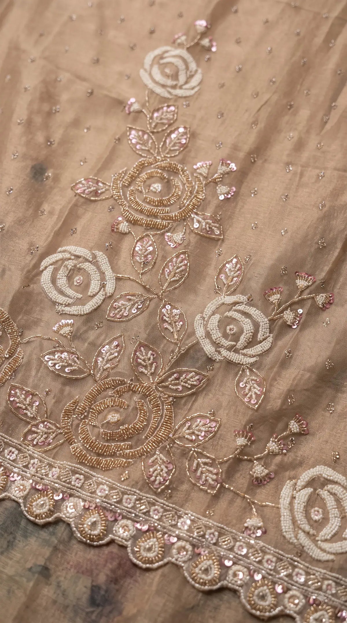 Premium Designer Beige Soft Tissue Suit with Pearl, Bead & Sequin Floral Work